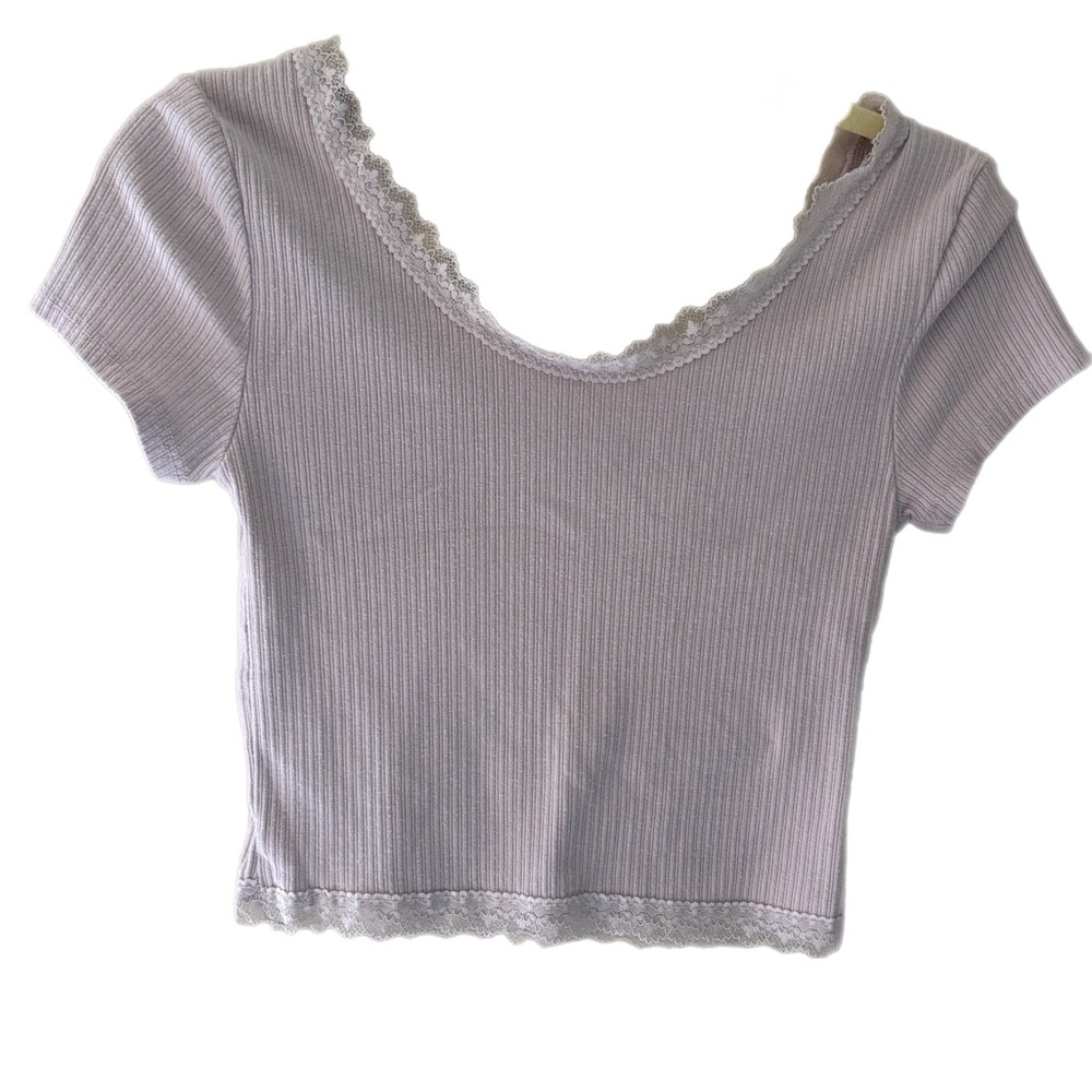 Aeropostale Purple Crop T-shirt with Ribbed Texture and Lace Neckline